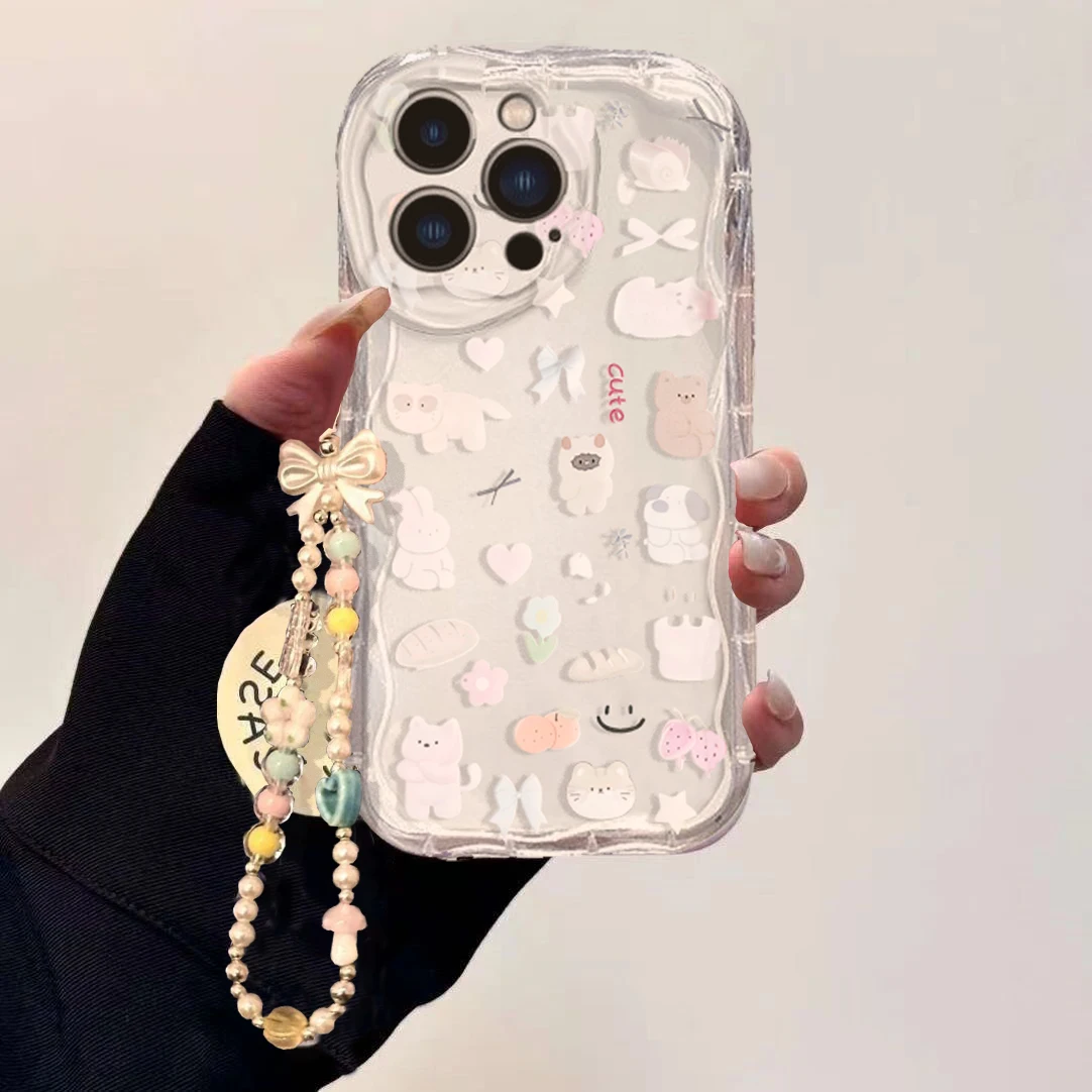 Cute Cartoon Wrist Strap Silicone Case - かわいい猫のリボン付きリストチェーンケース、Samsung Galaxy S25 S26 Ultra S24