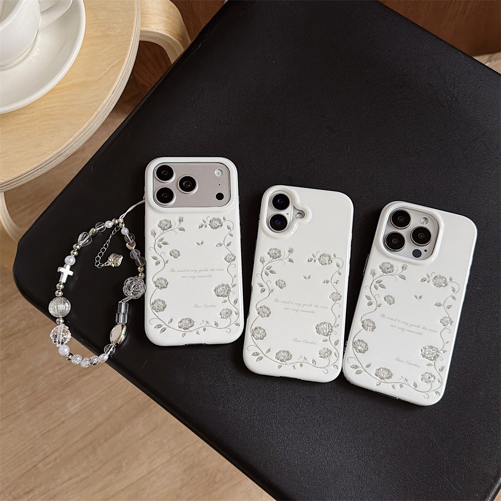 Vintage Floral Pattern Soft Case - ヴィンテージシルバーローズガーデンフォンケース iPhone 17 16 15 Pro