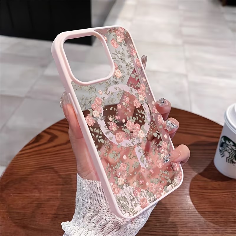 Clear Shockproof Bumper Case - ピンクの小さなバラ柄クリアマグネット式iPhoneケース iPhone 17 16 15 14