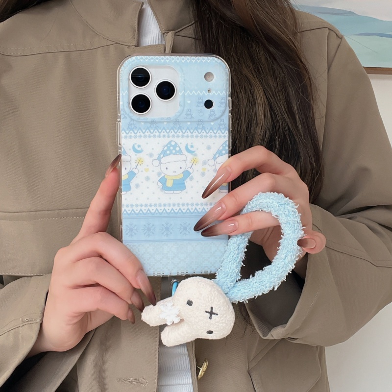 Cute Cartoon Wrist Strap Silicone Case - かわいい冬の水玉模様帽子ミッフィーiPhoneケース iPhone 16 15 14 13