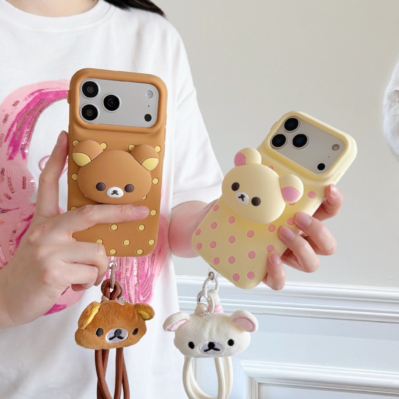 3Dリラックマベア水玉模様シリコン製スマホケース、ぬいぐるみ - Cute Cartoon Wrist Strap Silicone Case のレビューと価格