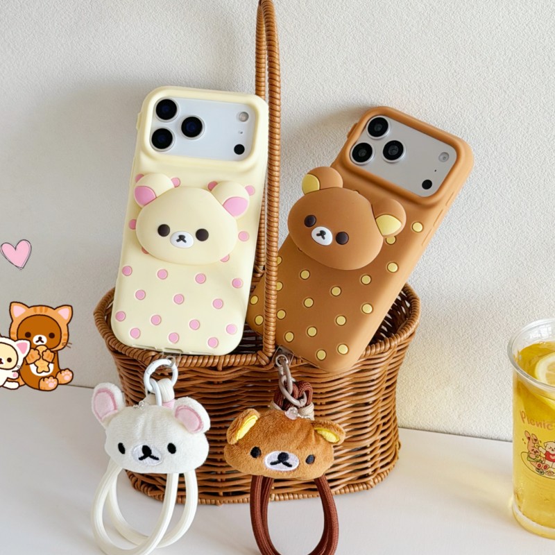 3Dリラックマベア水玉模様シリコン製スマホケース、ぬいぐるみ - Cute Cartoon Wrist Strap Silicone Case のレビューと価格