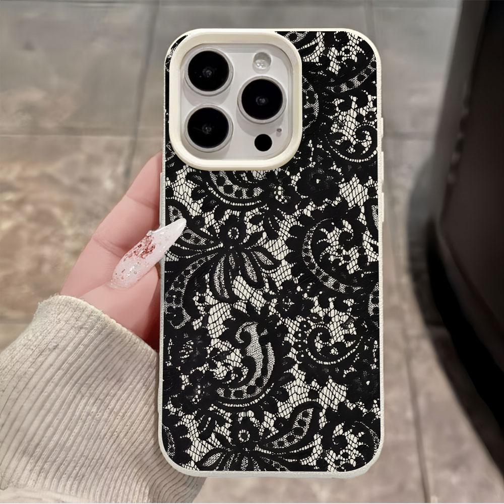 黒のヴィンテージ風花柄レースライチ柄スマホケース iPhon - Vintage Floral Pattern Soft Case のレビューと価格