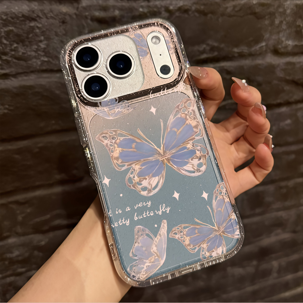 高級ブルーバタフライクリアグリッターフォンケース iPhon - Clear Shockproof Bumper Case のレビューと価格